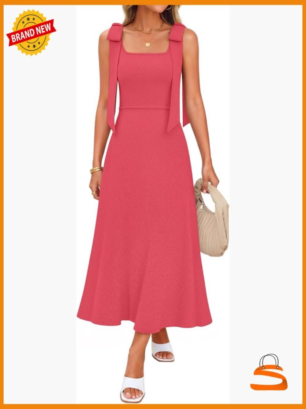 Sleeveless Square Neck Bow Strap Knit Midi Dress Summer Casual